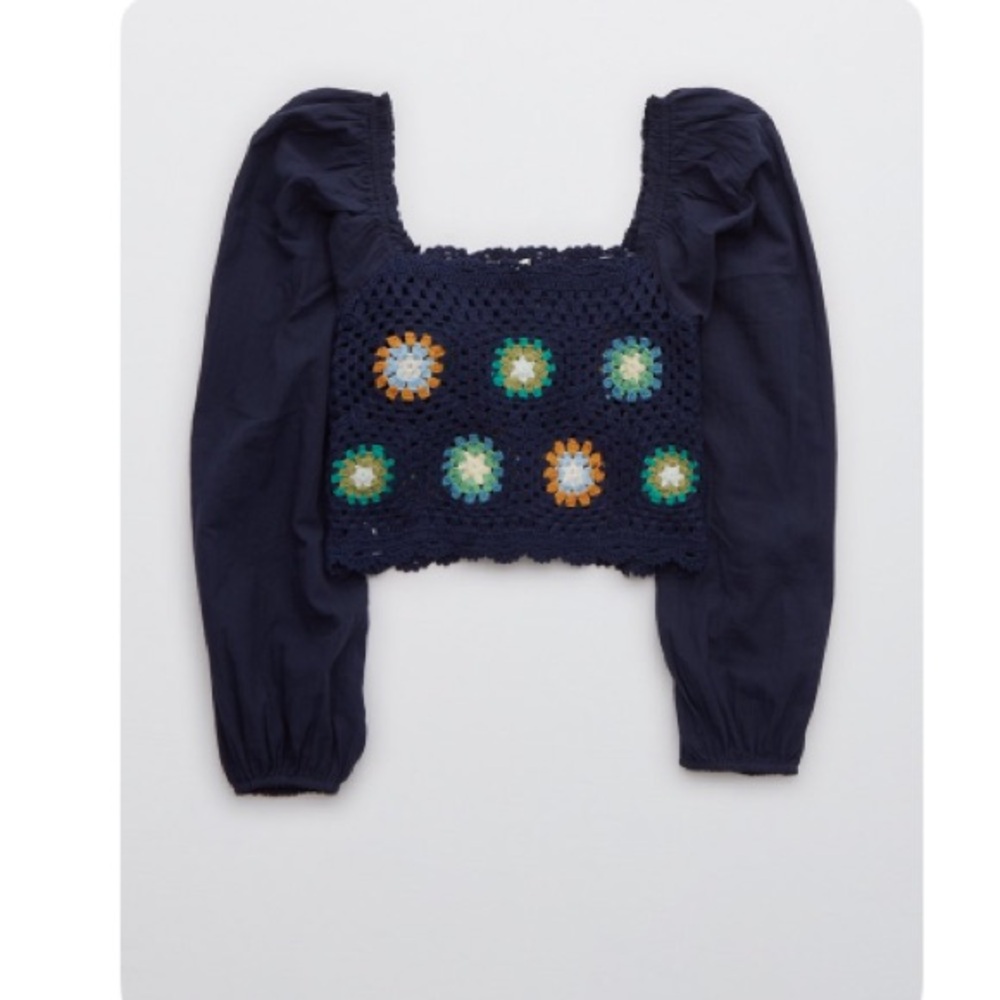 Navy Crochet Square Neck Top